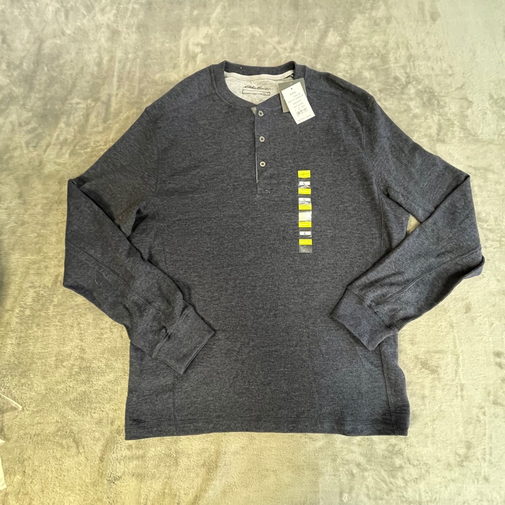 Eddie Bauer Henley Shirt Large Navy Heather Waffle Knit Long Sleeve EM32HN107‎